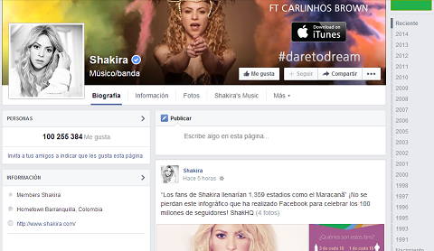 Shakira llega a 100 millones de fans en Facebook